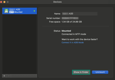 The MTP transfer mode page in the MacDroid app on a Mac, showing an Android phone paired with the Mac. The 